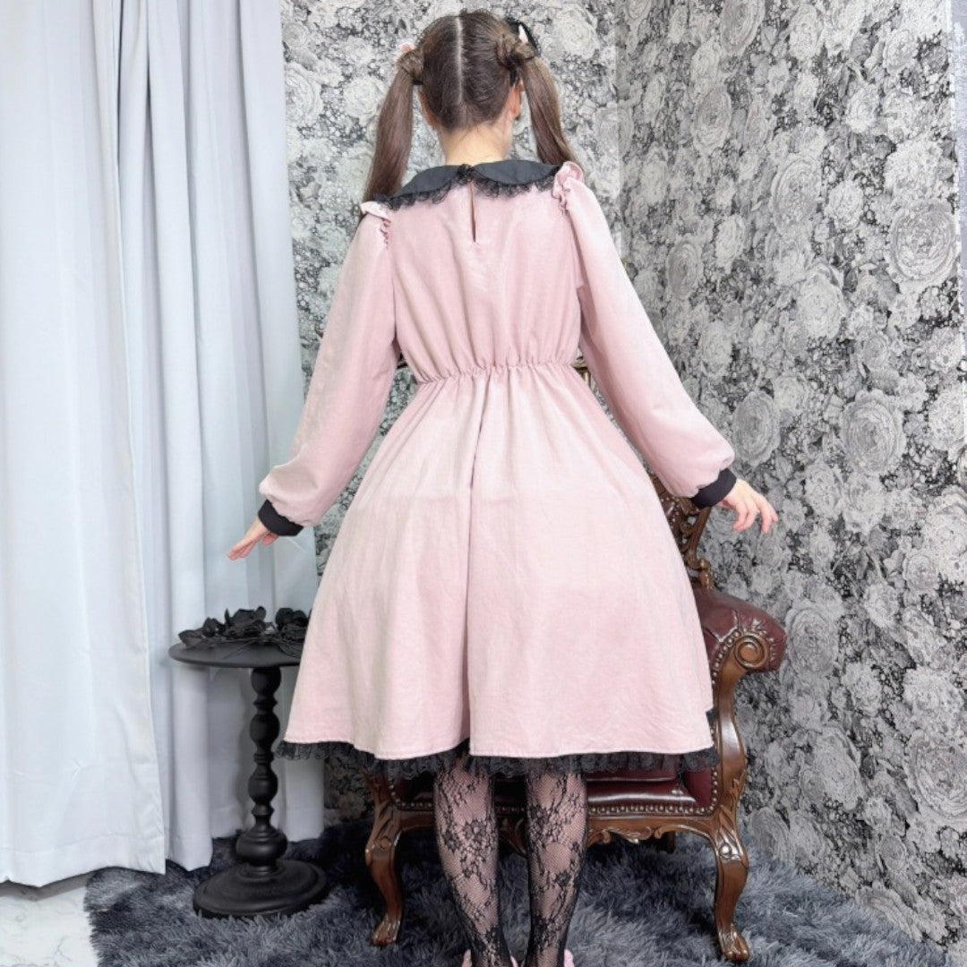 LACE RIBBON FRILL LONG SLEEVE DRESS MEDIUM PEACH / MEDIUM PURPLE