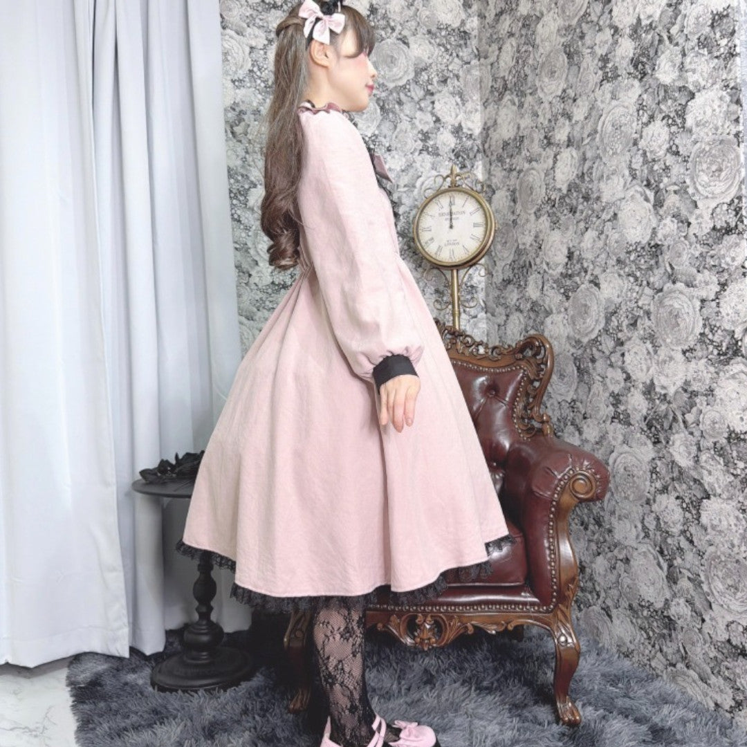 LACE RIBBON FRILL LONG SLEEVE DRESS MEDIUM PEACH / MEDIUM PURPLE