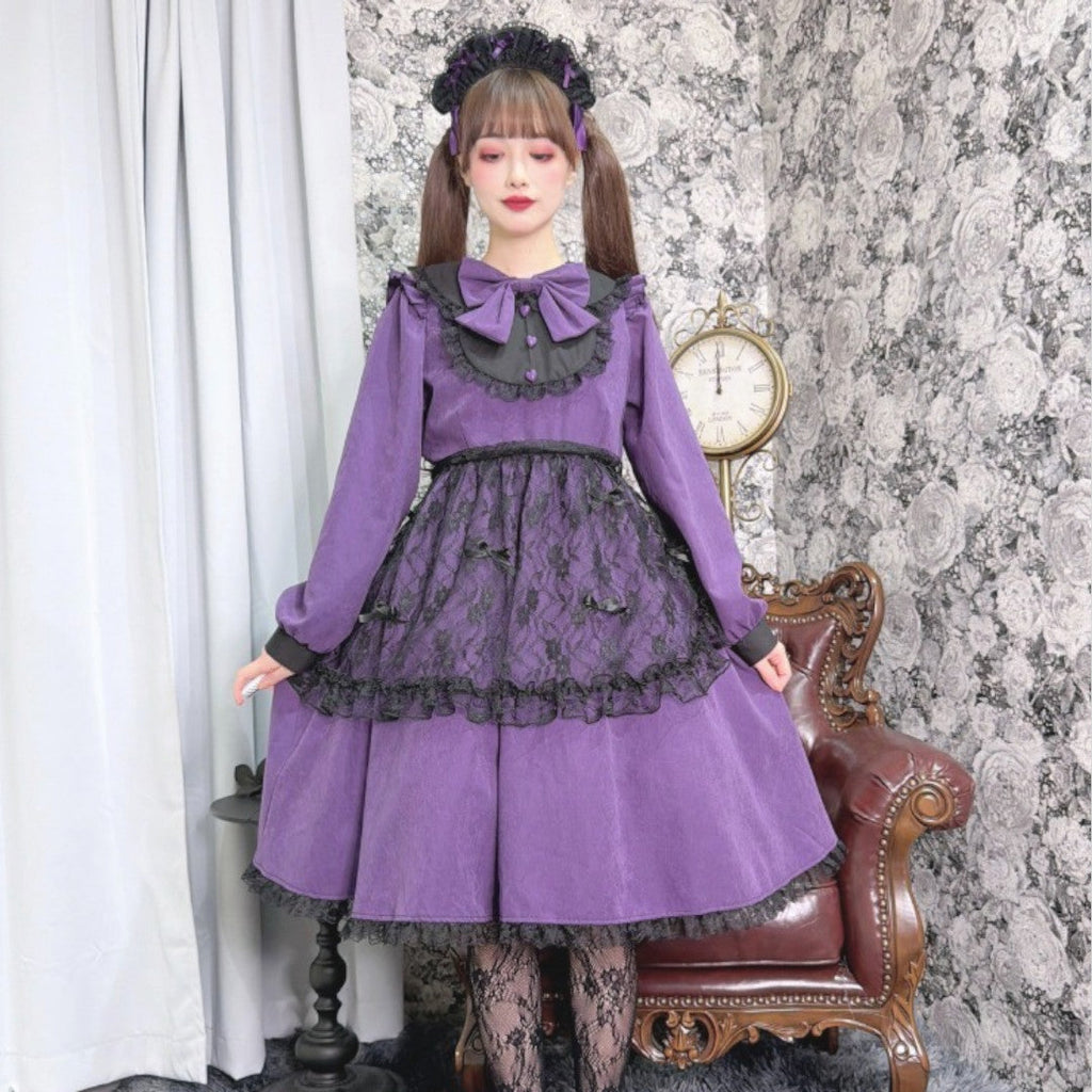 LACE RIBBON FRILL LONG SLEEVE DRESS MEDIUM PEACH / MEDIUM PURPLE