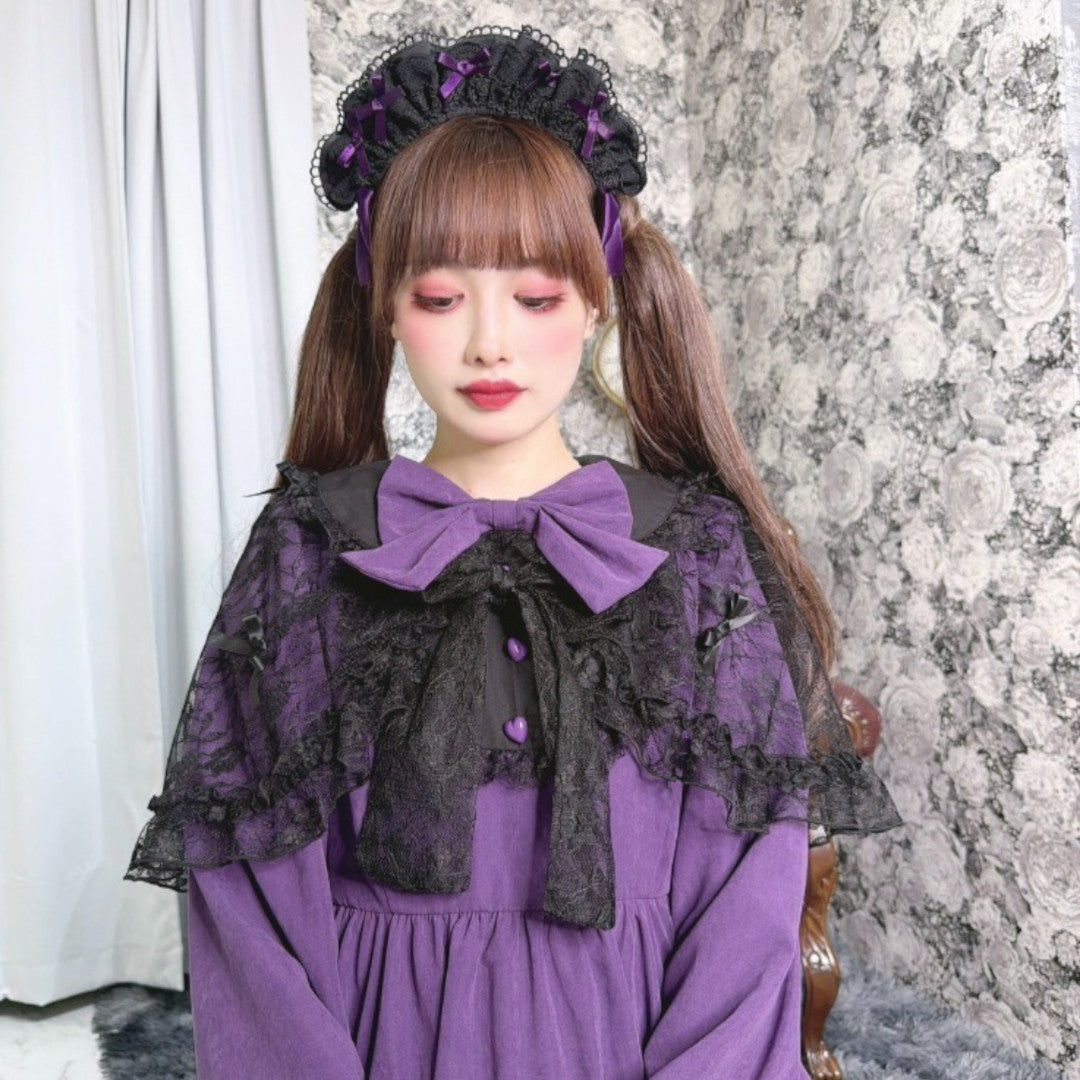LACE RIBBON FRILL LONG SLEEVE DRESS MEDIUM PEACH / MEDIUM PURPLE