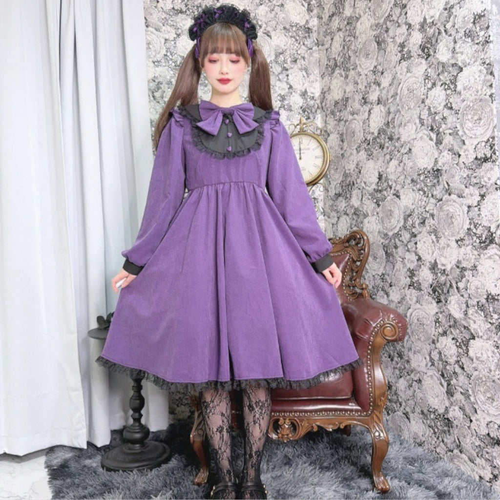 LACE RIBBON FRILL LONG SLEEVE DRESS MEDIUM PEACH / MEDIUM PURPLE