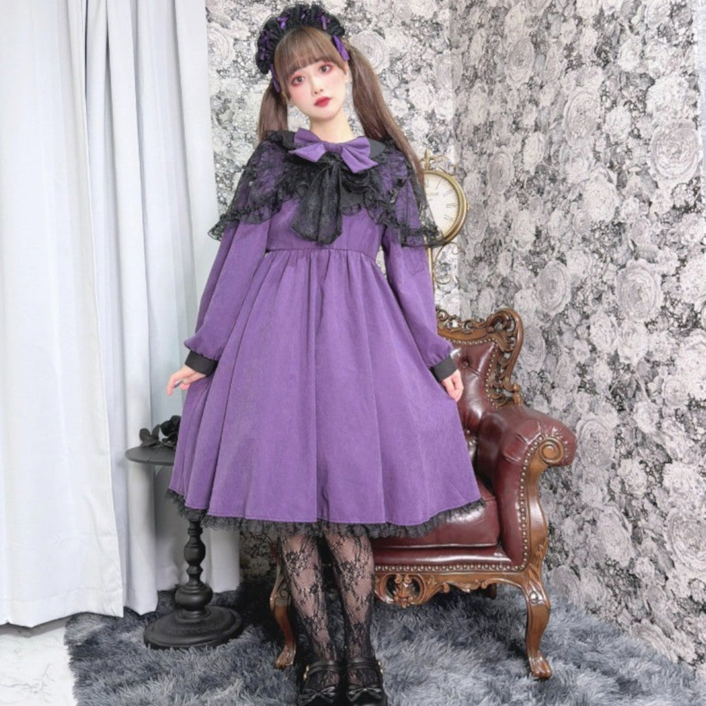 LACE RIBBON FRILL LONG SLEEVE DRESS MEDIUM PEACH / MEDIUM PURPLE