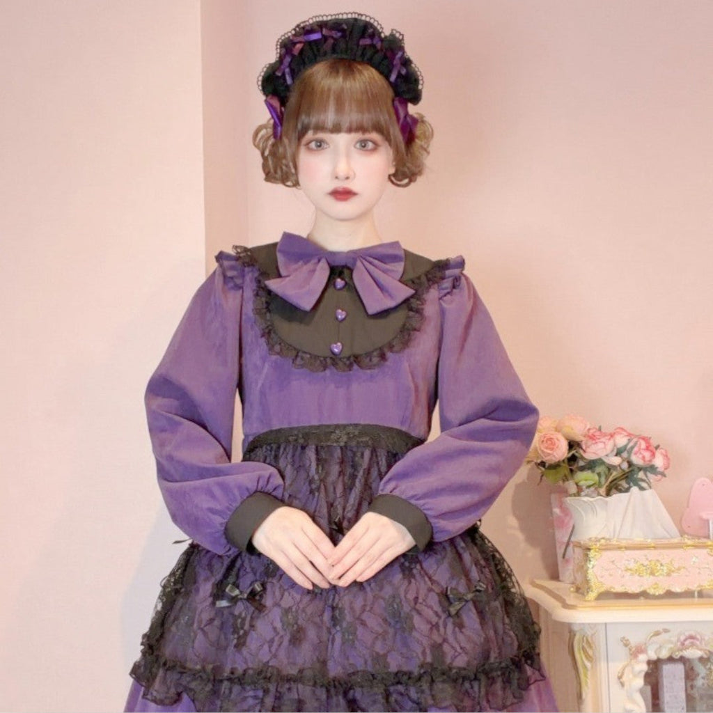 LACE RIBBON FRILL LONG SLEEVE DRESS MEDIUM PEACH / MEDIUM PURPLE