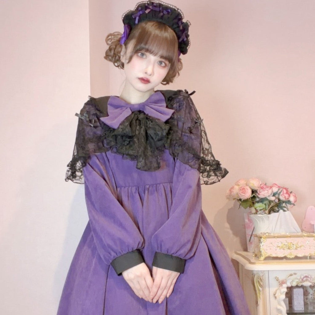 LACE RIBBON FRILL LONG SLEEVE DRESS MEDIUM PEACH / MEDIUM PURPLE