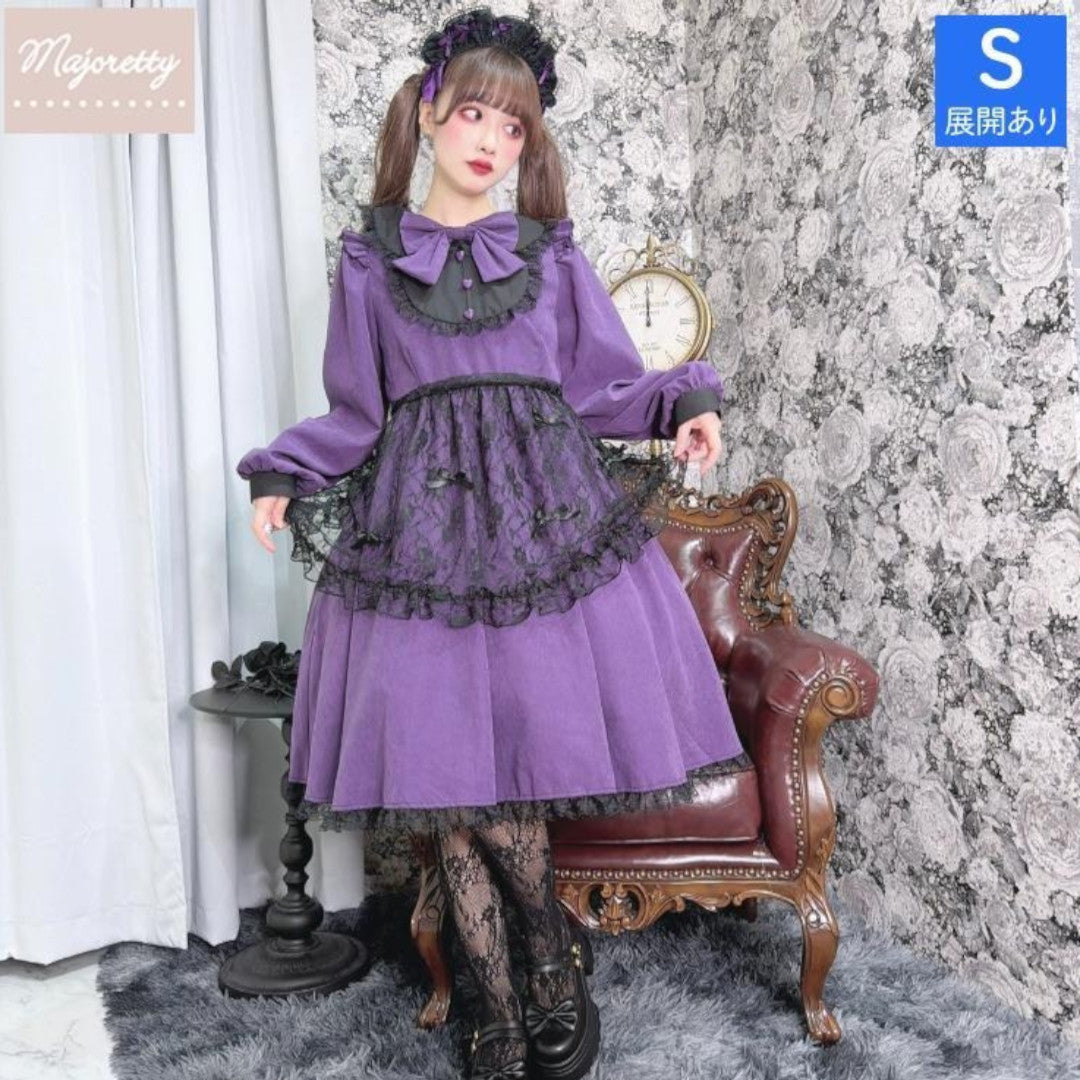 LACE RIBBON FRILL LONG SLEEVE DRESS MEDIUM PEACH / MEDIUM PURPLE