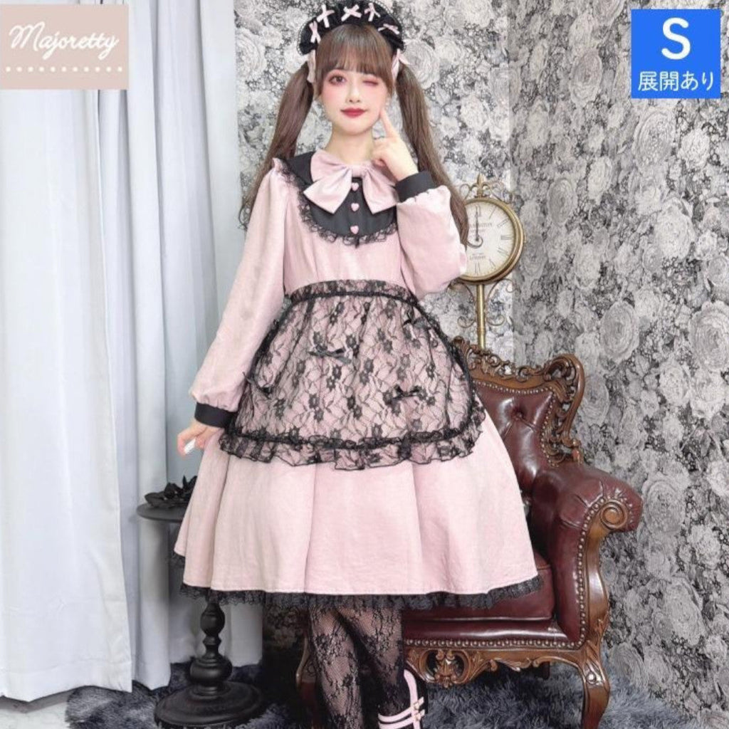 LACE RIBBON FRILL LONG SLEEVE DRESS MEDIUM PEACH / MEDIUM PURPLE