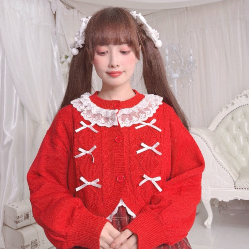 LACE LONG SLEEVE KNIT LIGHT WHITE / MEDIUM BLACK / DARK RED