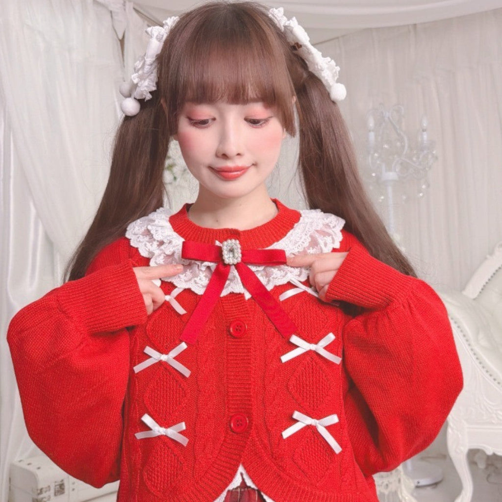 LACE LONG SLEEVE KNIT LIGHT WHITE / MEDIUM BLACK / DARK RED