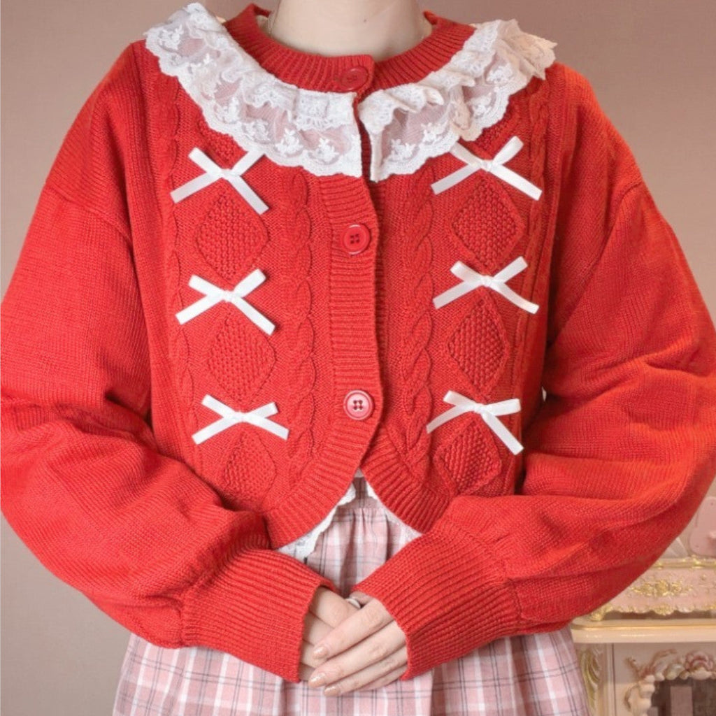 LACE LONG SLEEVE KNIT LIGHT WHITE / MEDIUM BLACK / DARK RED