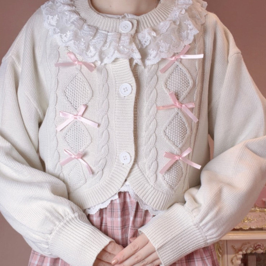LACE LONG SLEEVE KNIT LIGHT WHITE / MEDIUM BLACK / DARK RED