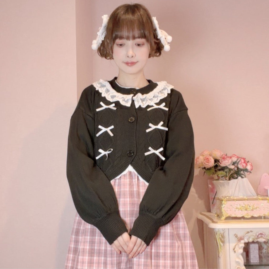 LACE LONG SLEEVE KNIT LIGHT WHITE / MEDIUM BLACK / DARK RED