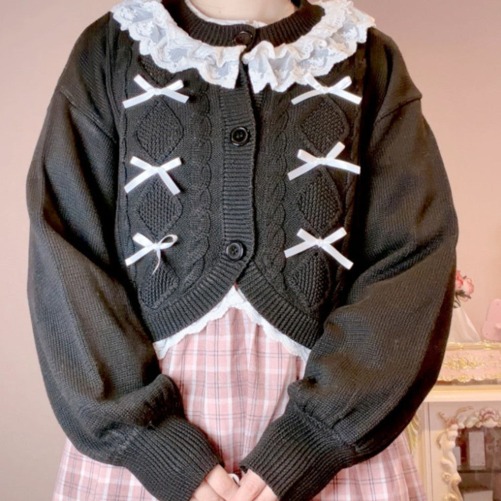LACE LONG SLEEVE KNIT LIGHT WHITE / MEDIUM BLACK / DARK RED