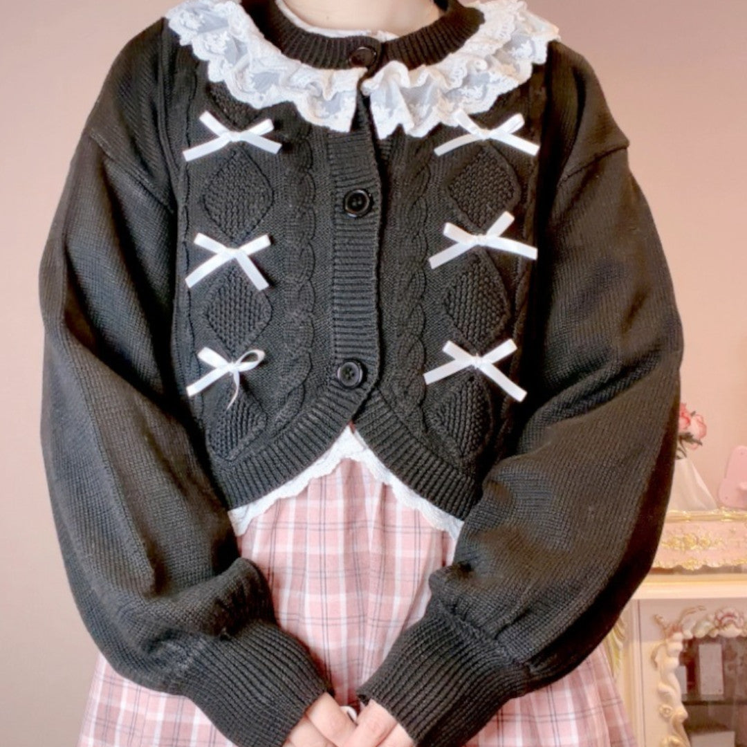 LACE LONG SLEEVE KNIT LIGHT WHITE / MEDIUM BLACK / DARK RED