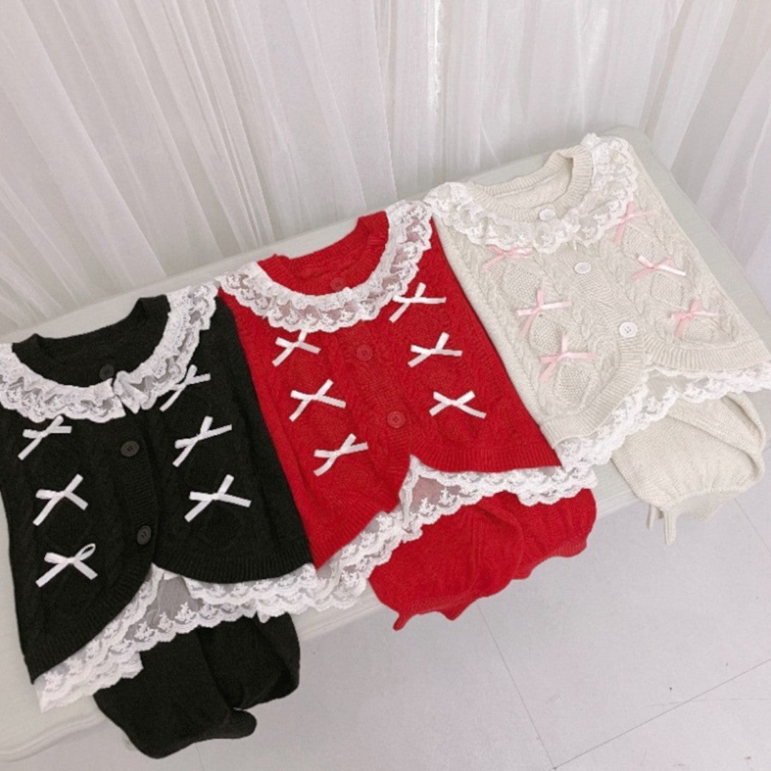 LACE LONG SLEEVE KNIT LIGHT WHITE / MEDIUM BLACK / DARK RED
