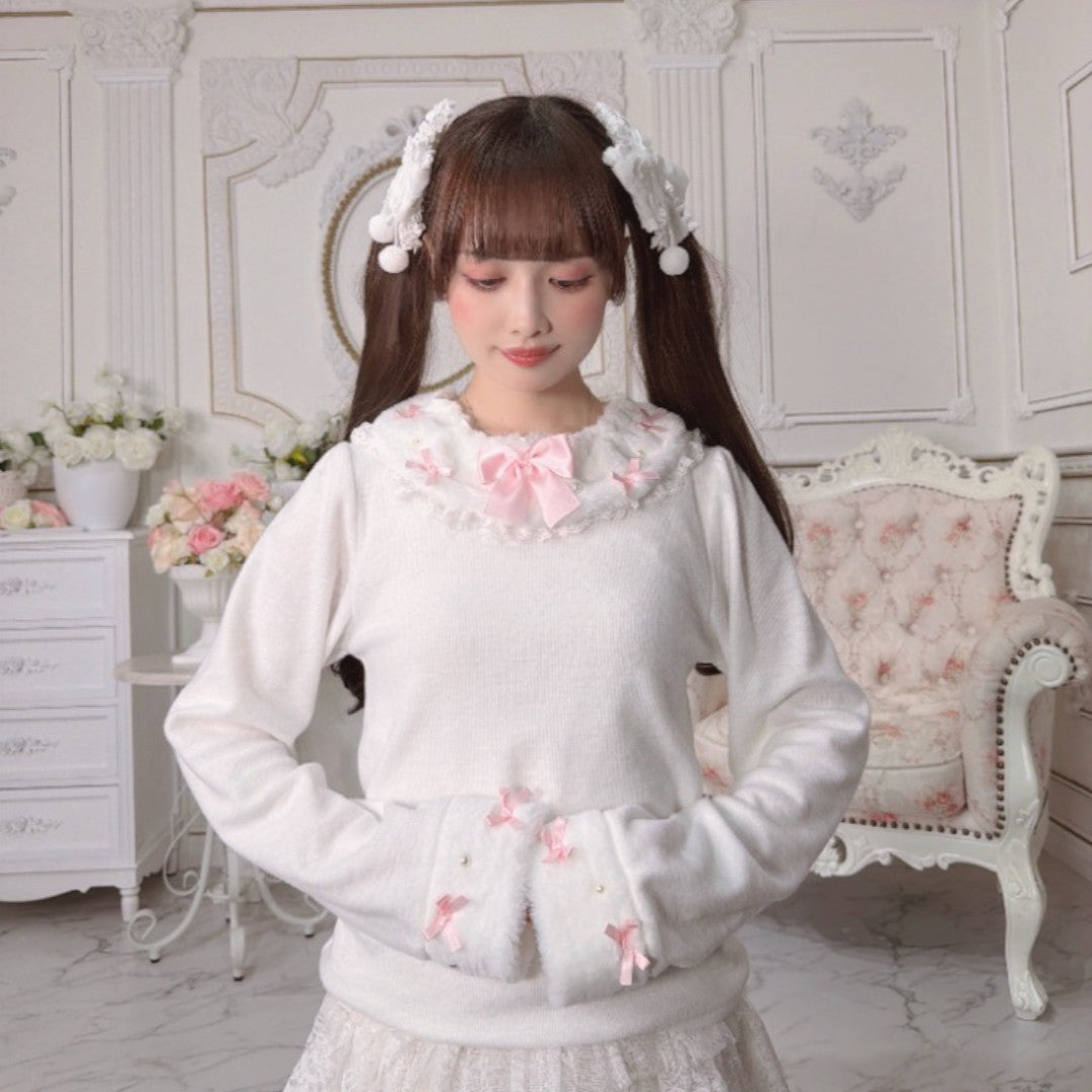RIBBON FRILL LONG SLEEVE T-SHIRT LIGHT WHITE / MEDIUM PEACH