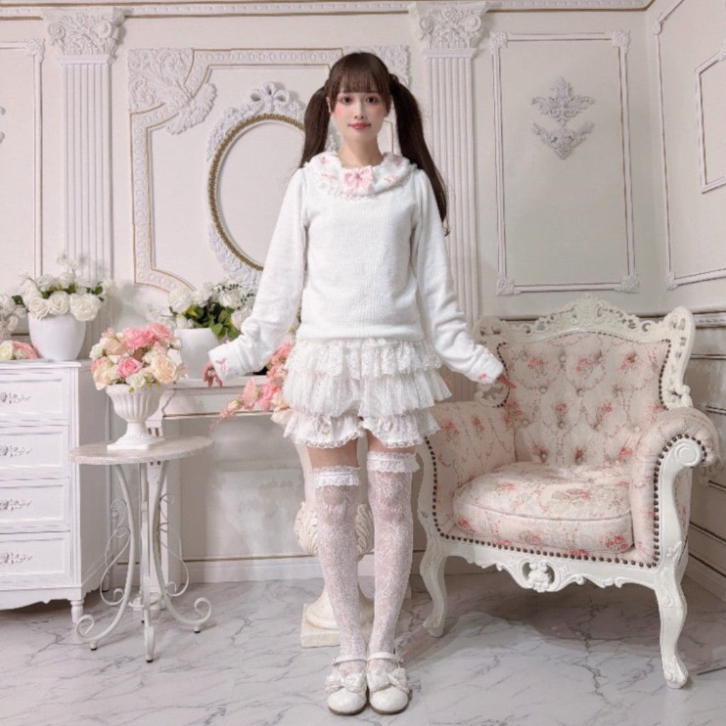 RIBBON FRILL LONG SLEEVE T-SHIRT LIGHT WHITE / MEDIUM PEACH
