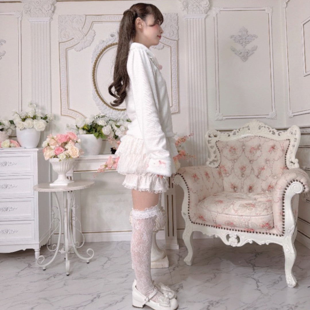 RIBBON FRILL LONG SLEEVE T-SHIRT LIGHT WHITE / MEDIUM PEACH