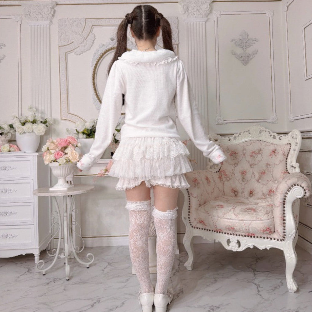 RIBBON FRILL LONG SLEEVE T-SHIRT LIGHT WHITE / MEDIUM PEACH