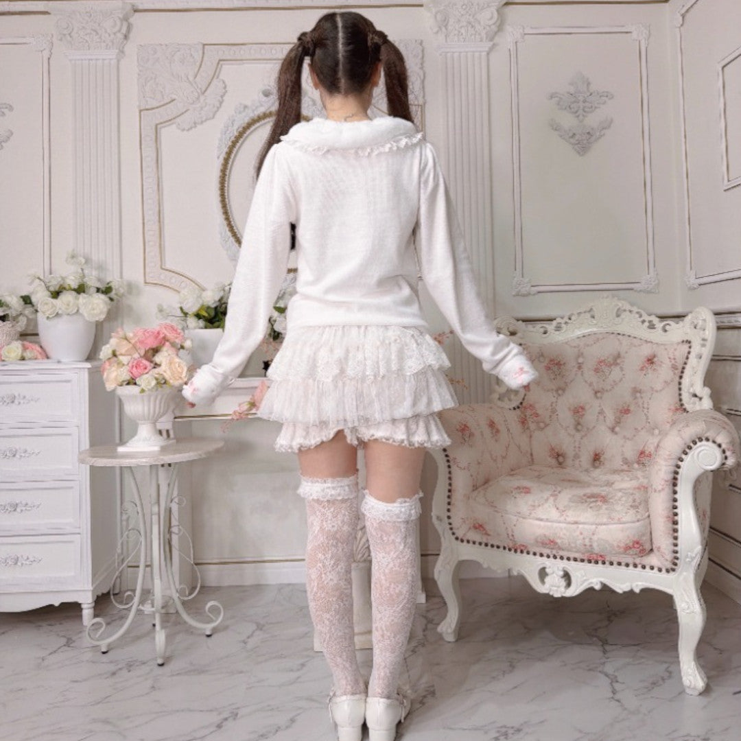 RIBBON FRILL LONG SLEEVE T-SHIRT LIGHT WHITE / MEDIUM PEACH