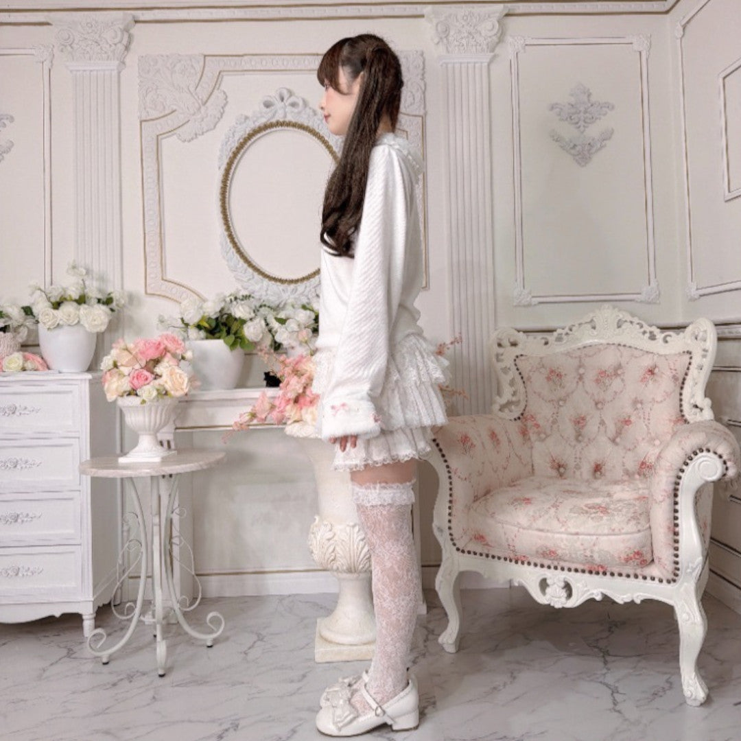 RIBBON FRILL LONG SLEEVE T-SHIRT LIGHT WHITE / MEDIUM PEACH