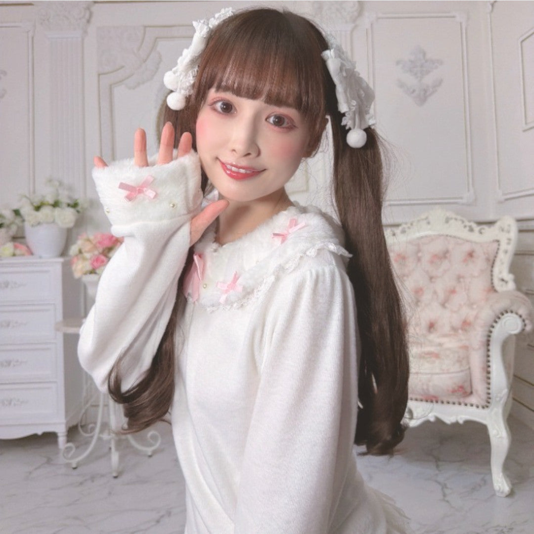 RIBBON FRILL LONG SLEEVE T-SHIRT LIGHT WHITE / MEDIUM PEACH