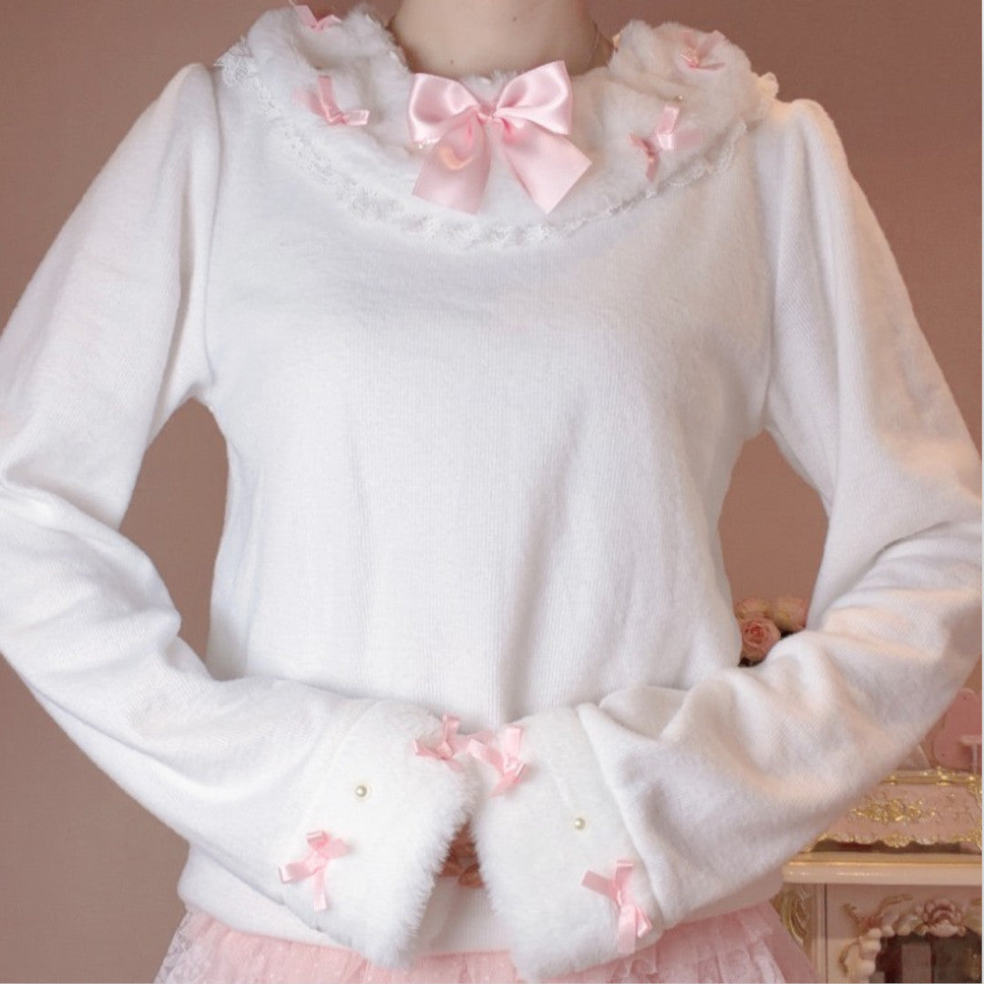 RIBBON FRILL LONG SLEEVE T-SHIRT LIGHT WHITE / MEDIUM PEACH