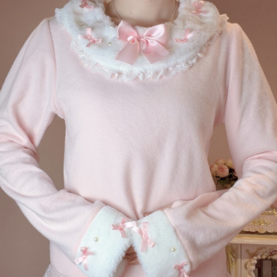 RIBBON FRILL LONG SLEEVE T-SHIRT LIGHT WHITE / MEDIUM PEACH