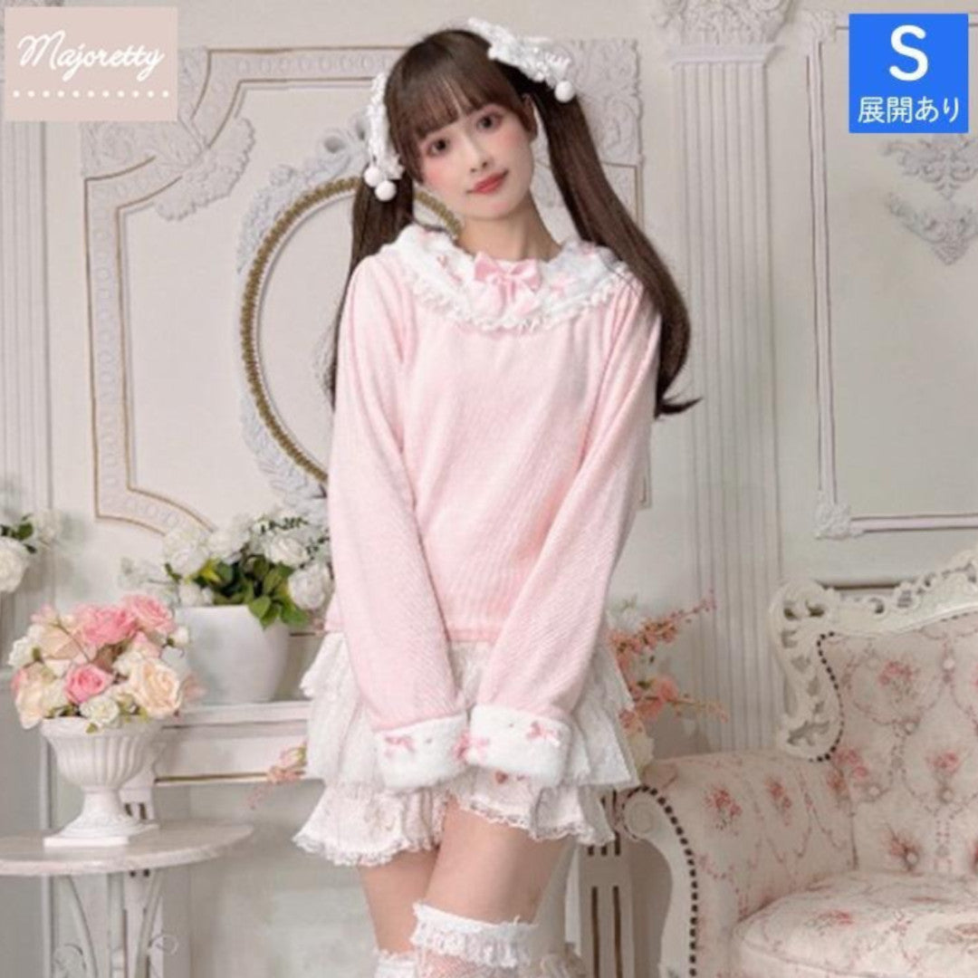 RIBBON FRILL LONG SLEEVE T-SHIRT LIGHT WHITE / MEDIUM PEACH