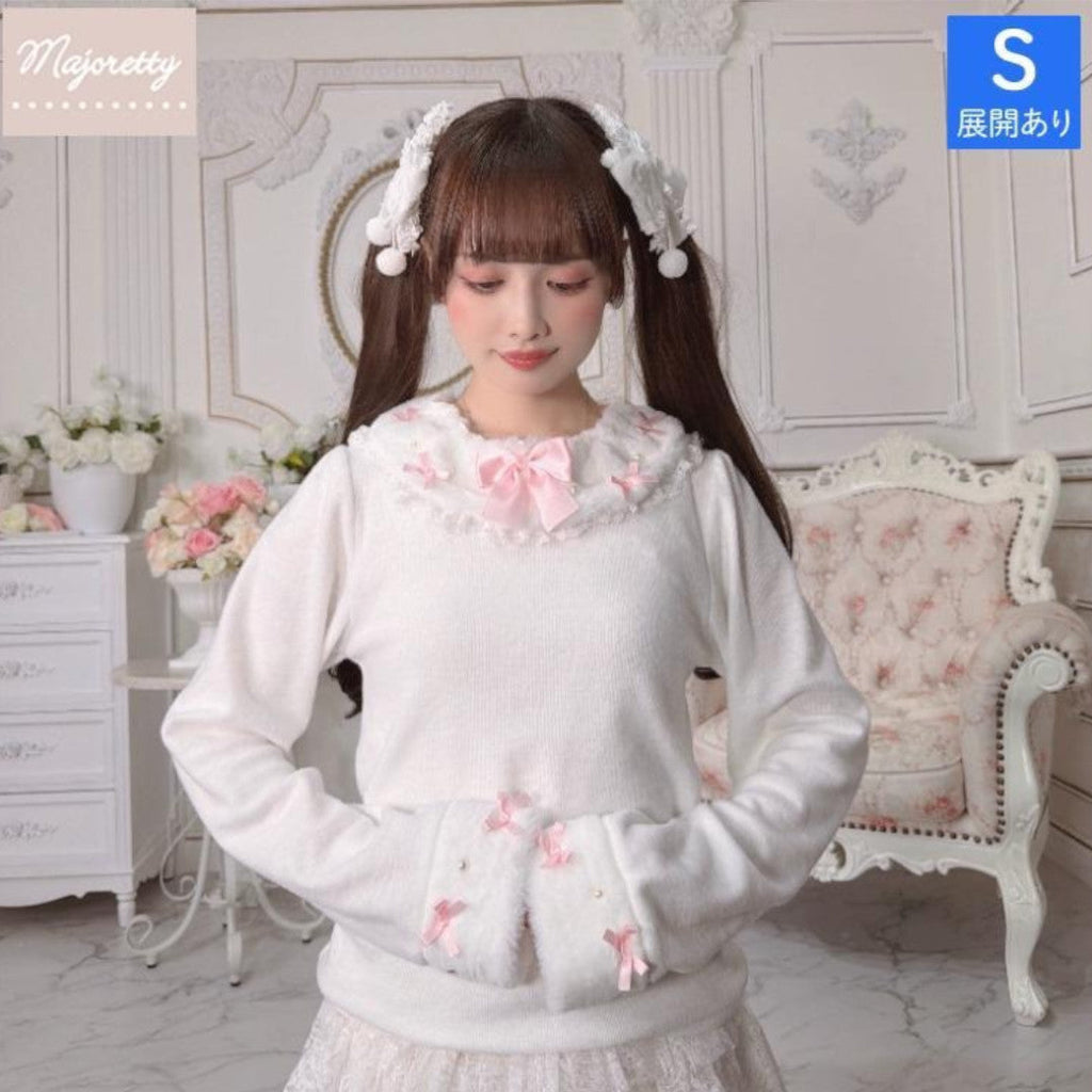 RIBBON FRILL LONG SLEEVE T-SHIRT LIGHT WHITE / MEDIUM PEACH