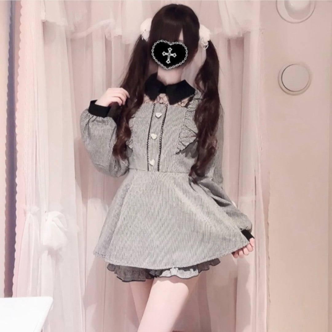 CHECKED CONTRAST COLOR LONG SLEEVE DRESS LIGHT WHITE
