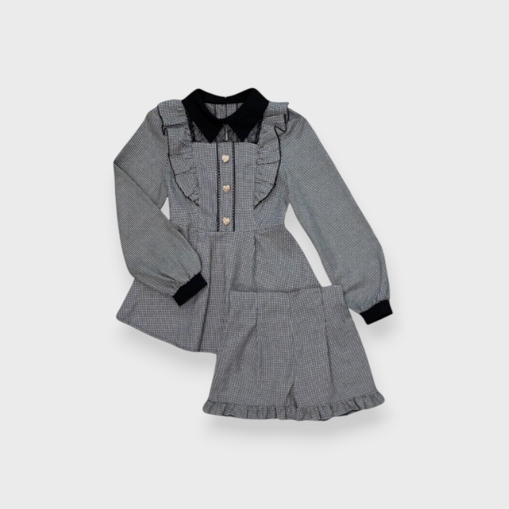 CHECKED CONTRAST COLOR LONG SLEEVE DRESS LIGHT WHITE