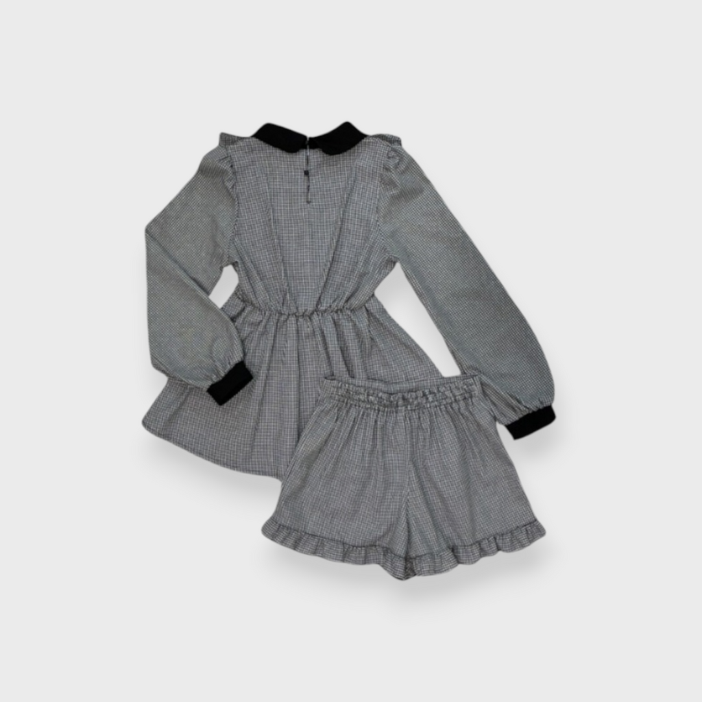 CHECKED CONTRAST COLOR LONG SLEEVE DRESS LIGHT WHITE