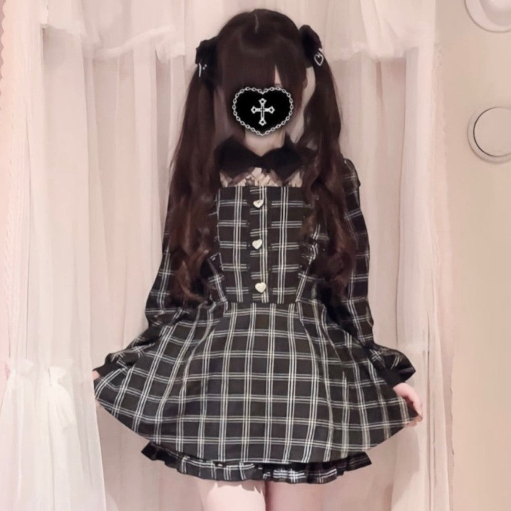 CHECKED CONTRAST COLOR LONG SLEEVE DRESS MEDIUM BLACK