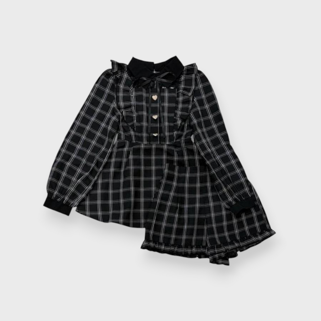 CHECKED CONTRAST COLOR LONG SLEEVE DRESS MEDIUM BLACK