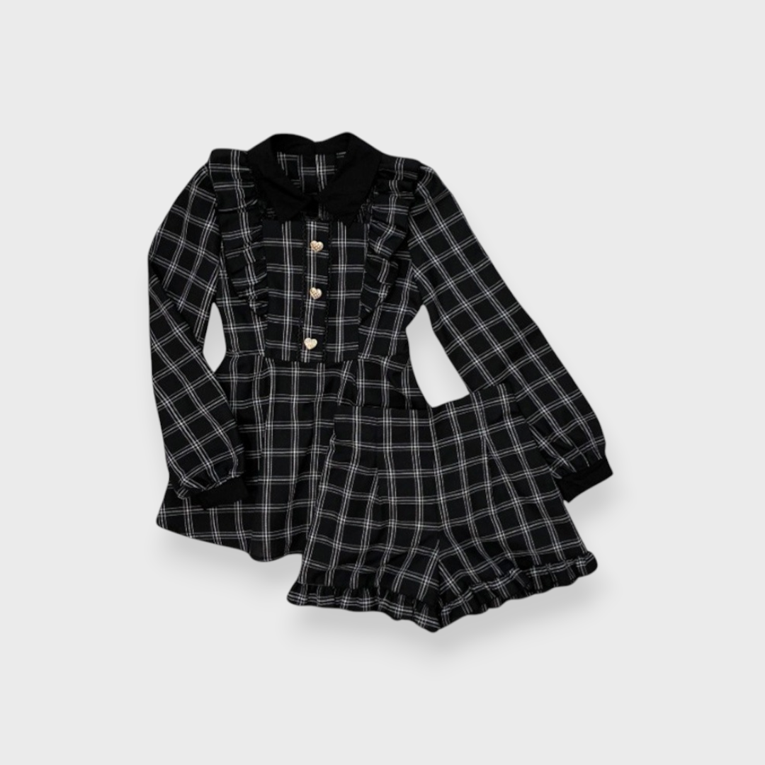 CHECKED CONTRAST COLOR LONG SLEEVE DRESS MEDIUM BLACK
