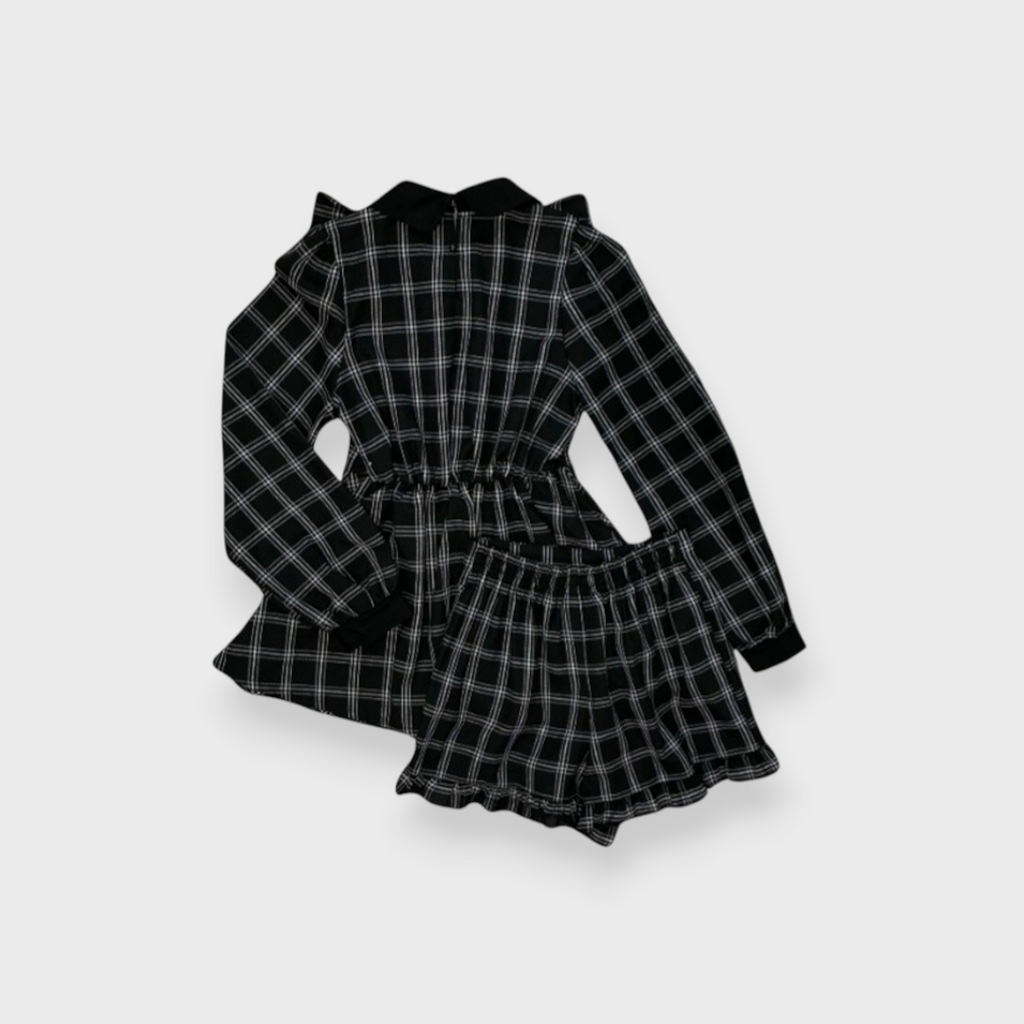 CHECKED CONTRAST COLOR LONG SLEEVE DRESS MEDIUM BLACK