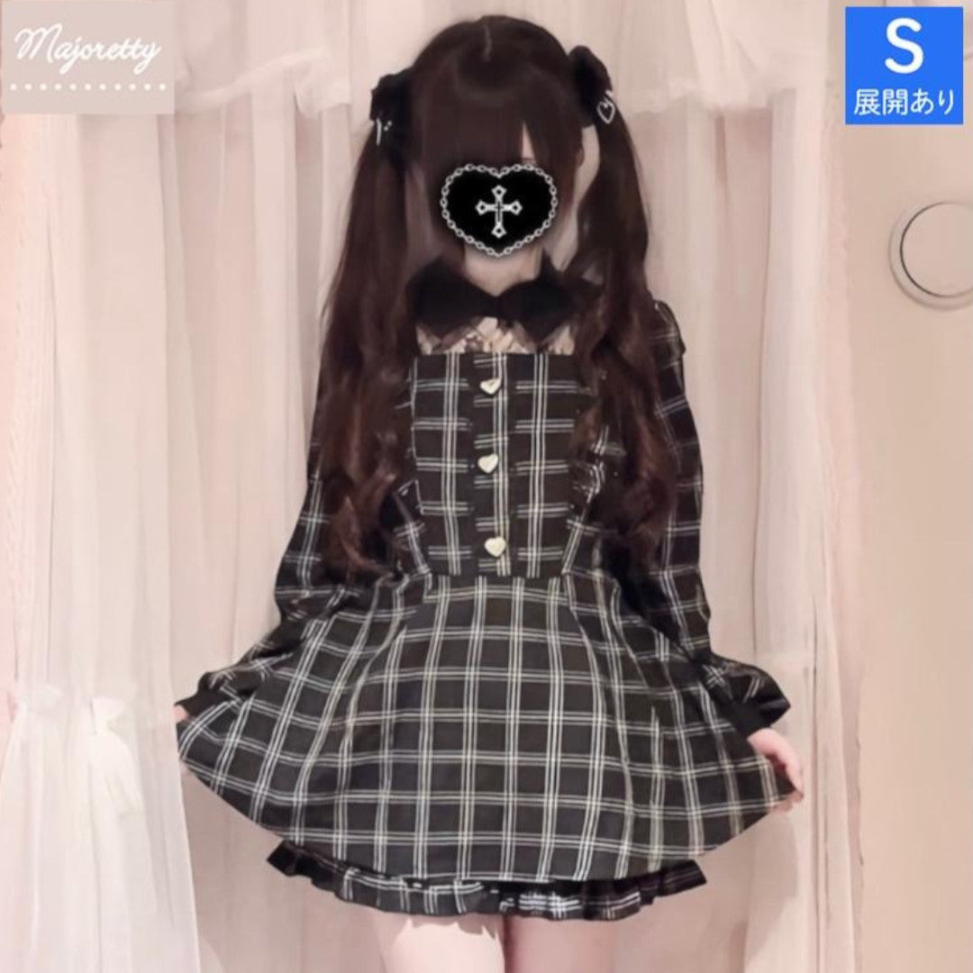 CHECKED CONTRAST COLOR LONG SLEEVE DRESS MEDIUM BLACK