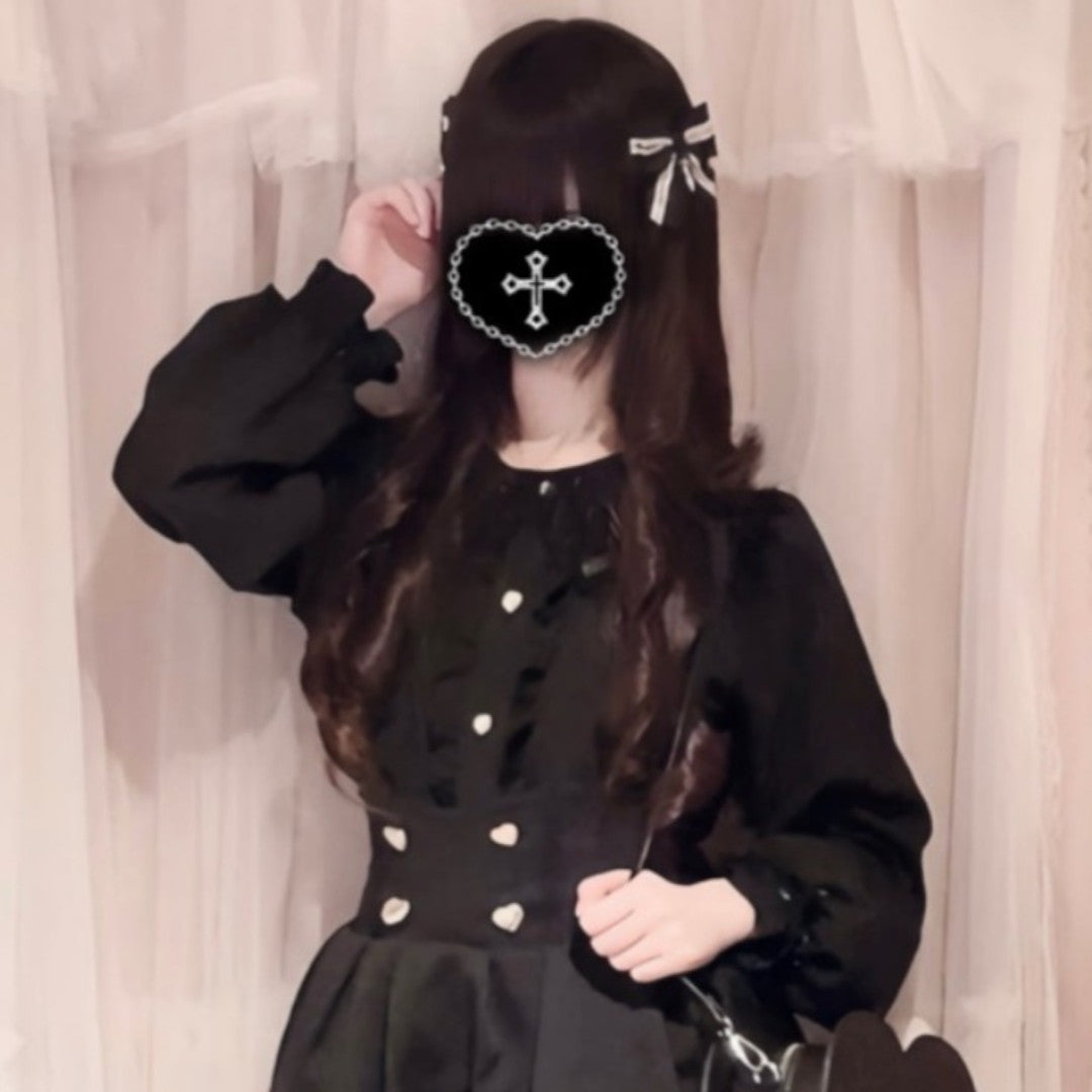 TUCKED FRILL LACE LONG SLEEVE BLOUSE LIGHT WHITE / MEDIUM BLACK