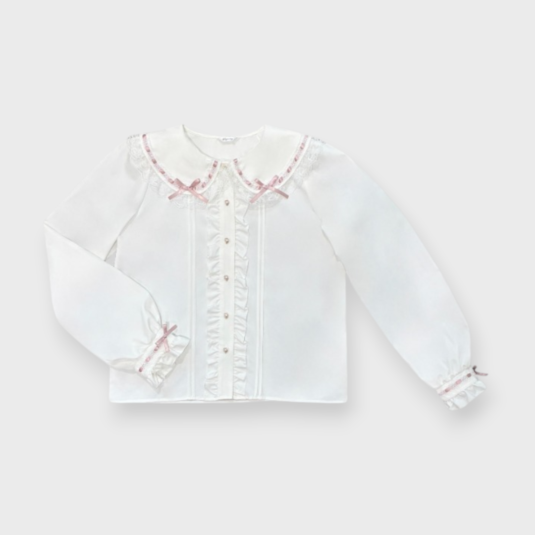 TUCKED FRILL LACE LONG SLEEVE BLOUSE LIGHT WHITE / MEDIUM BLACK