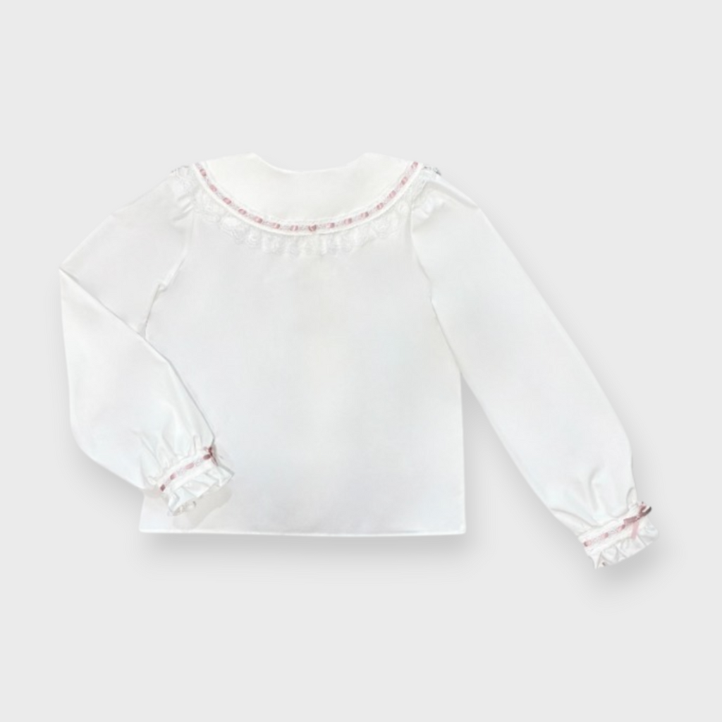 TUCKED FRILL LACE LONG SLEEVE BLOUSE LIGHT WHITE / MEDIUM BLACK
