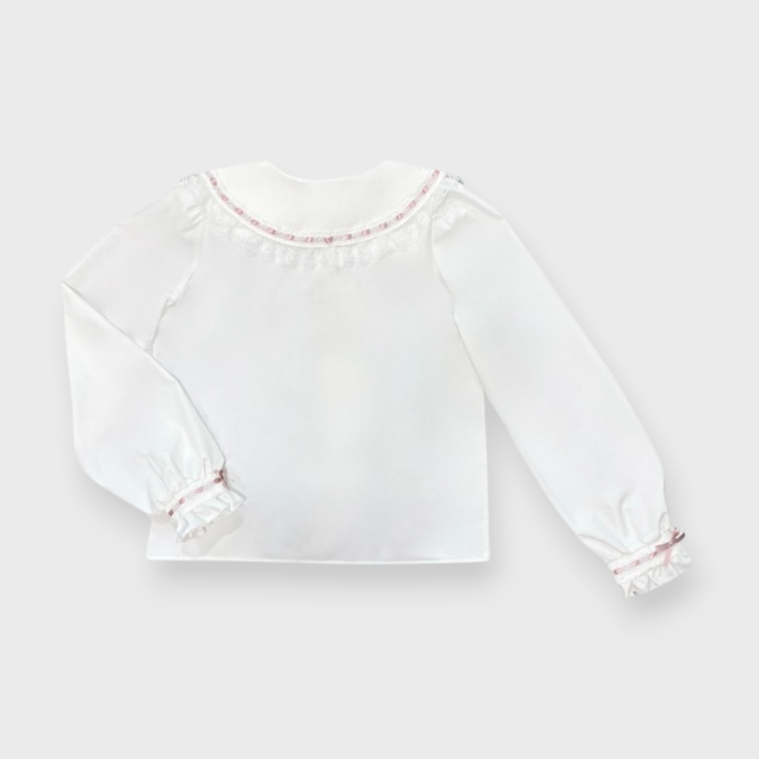 TUCKED FRILL LACE LONG SLEEVE BLOUSE LIGHT WHITE / MEDIUM BLACK