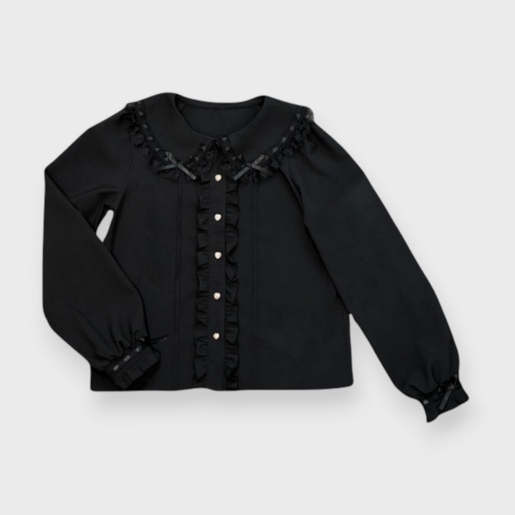 TUCKED FRILL LACE LONG SLEEVE BLOUSE LIGHT WHITE / MEDIUM BLACK