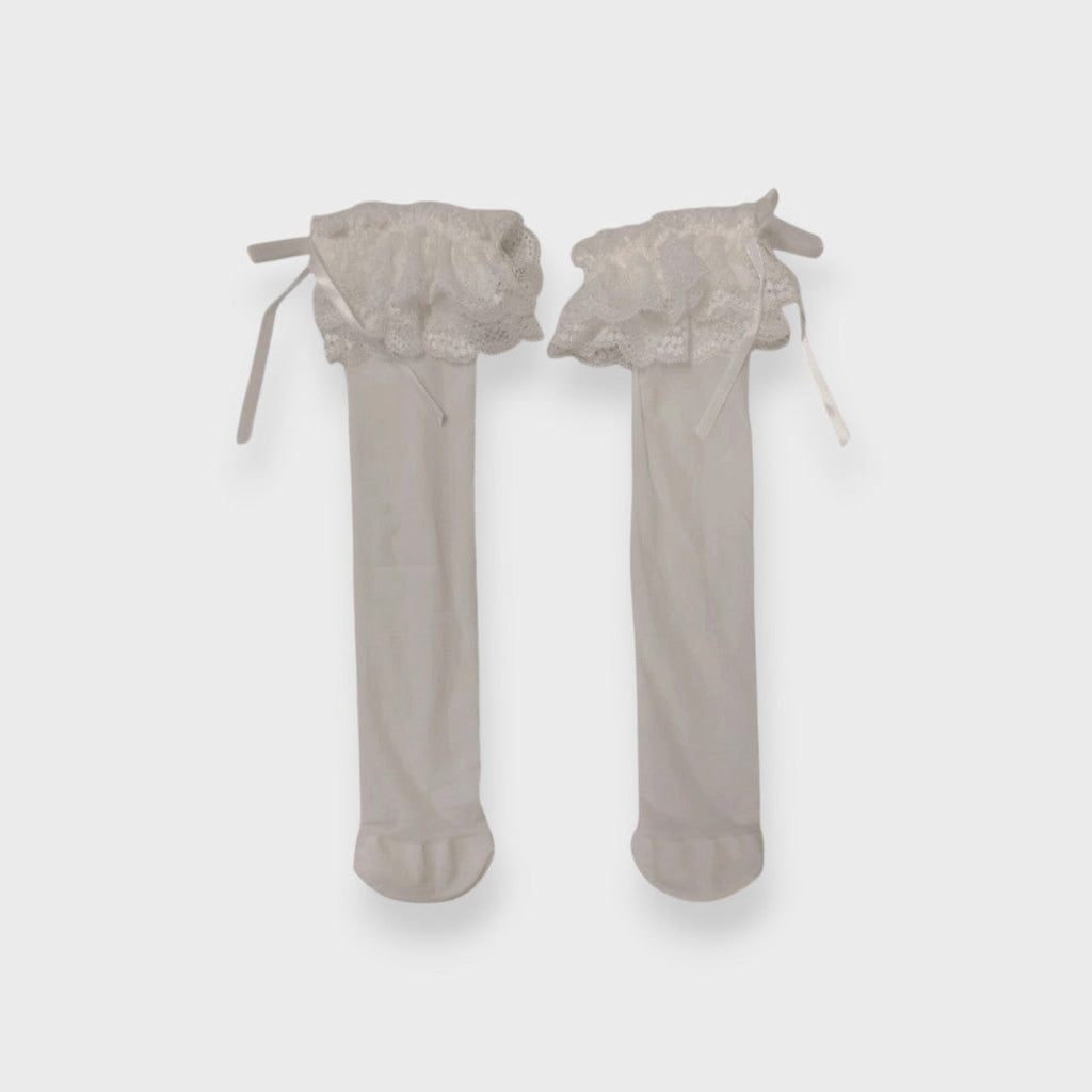 RIBBON FRILL KNEE-HIGH SOCKS MEDIUM WHITE / MEDIUM BLACK