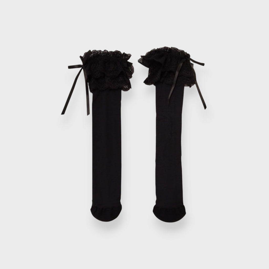 RIBBON FRILL KNEE-HIGH SOCKS MEDIUM WHITE / MEDIUM BLACK