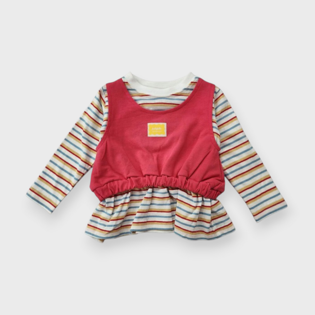 KIDS BORDER STRIPE BABY TUNIC MEDIUM RED (90CM)