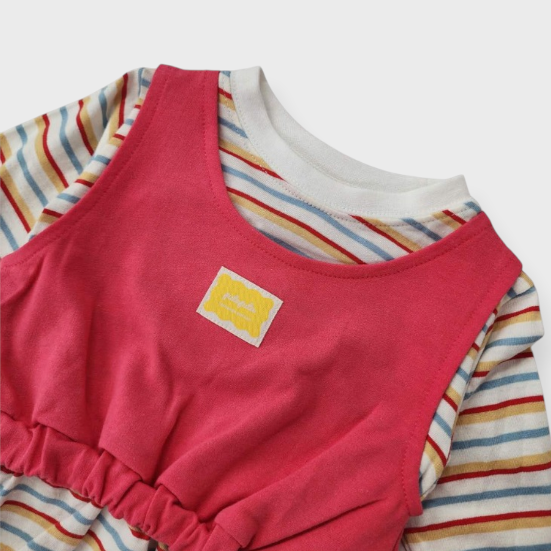 KIDS BORDER STRIPE BABY TUNIC MEDIUM RED (90CM)