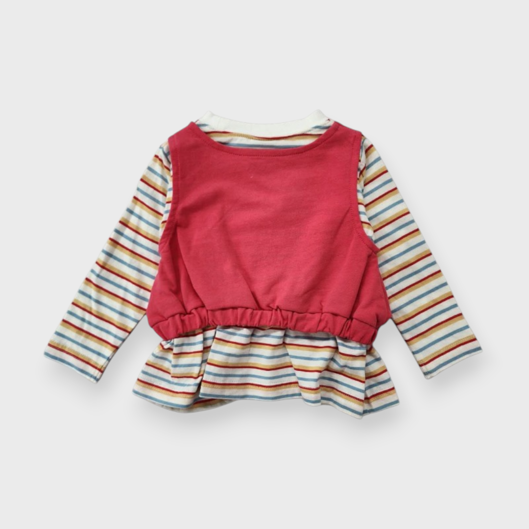 KIDS BORDER STRIPE BABY TUNIC MEDIUM RED (90CM)