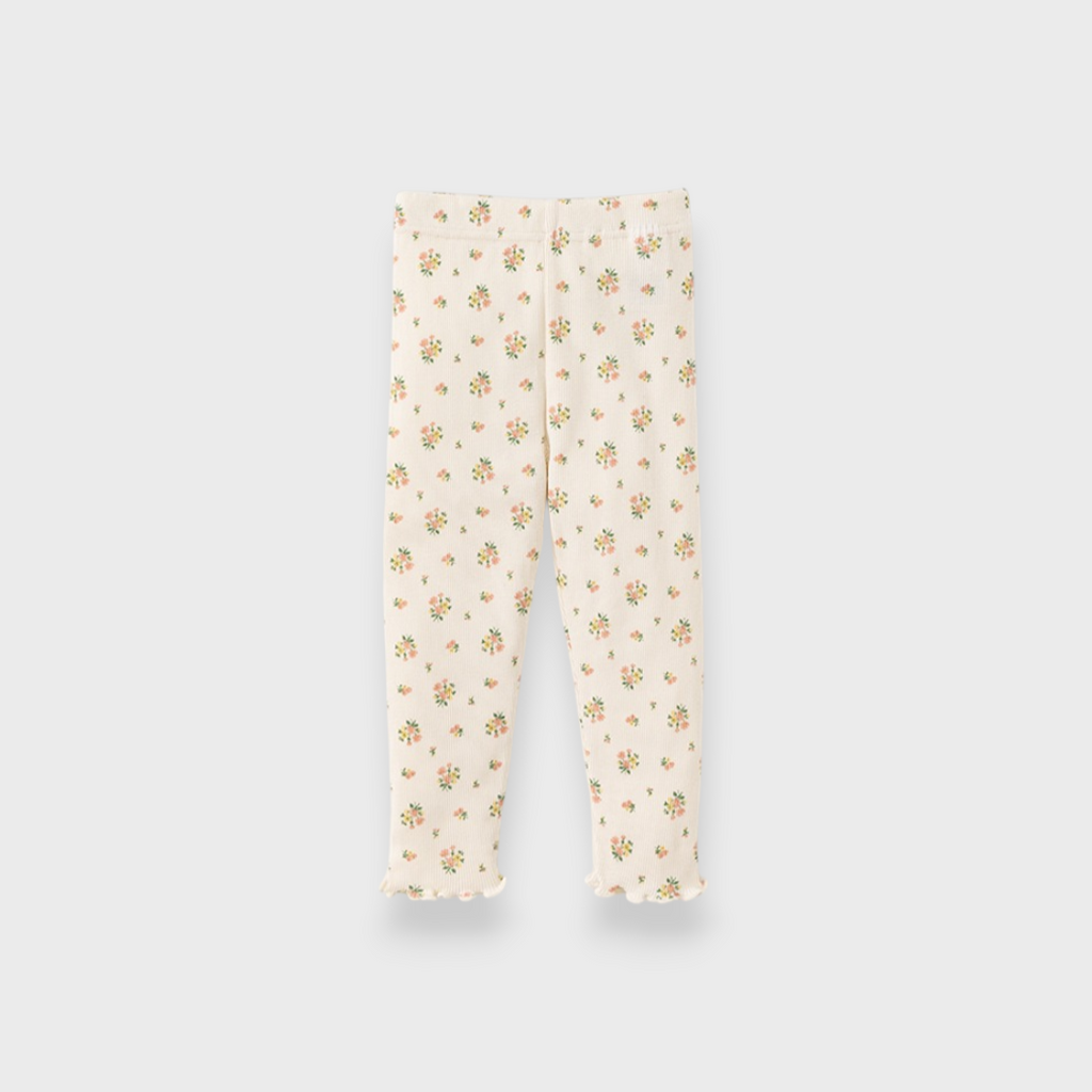 KIDS ALL-OVER PATTERN RIB-KNIT FLORAL BABY LEGGINGS MEDIUM WHITE (90CM)