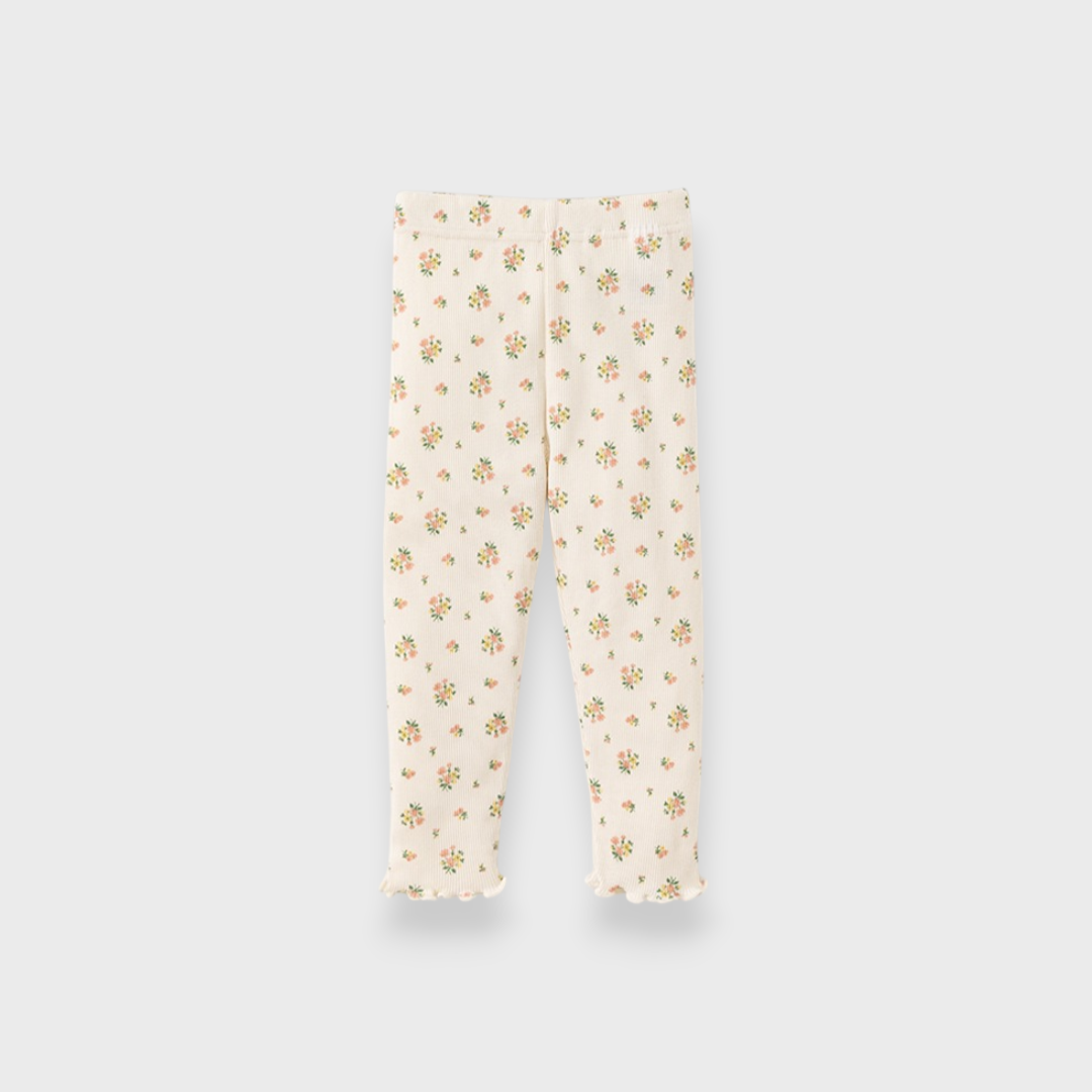 KIDS ALL-OVER PATTERN RIB-KNIT FLORAL BABY LEGGINGS MEDIUM WHITE (90CM)