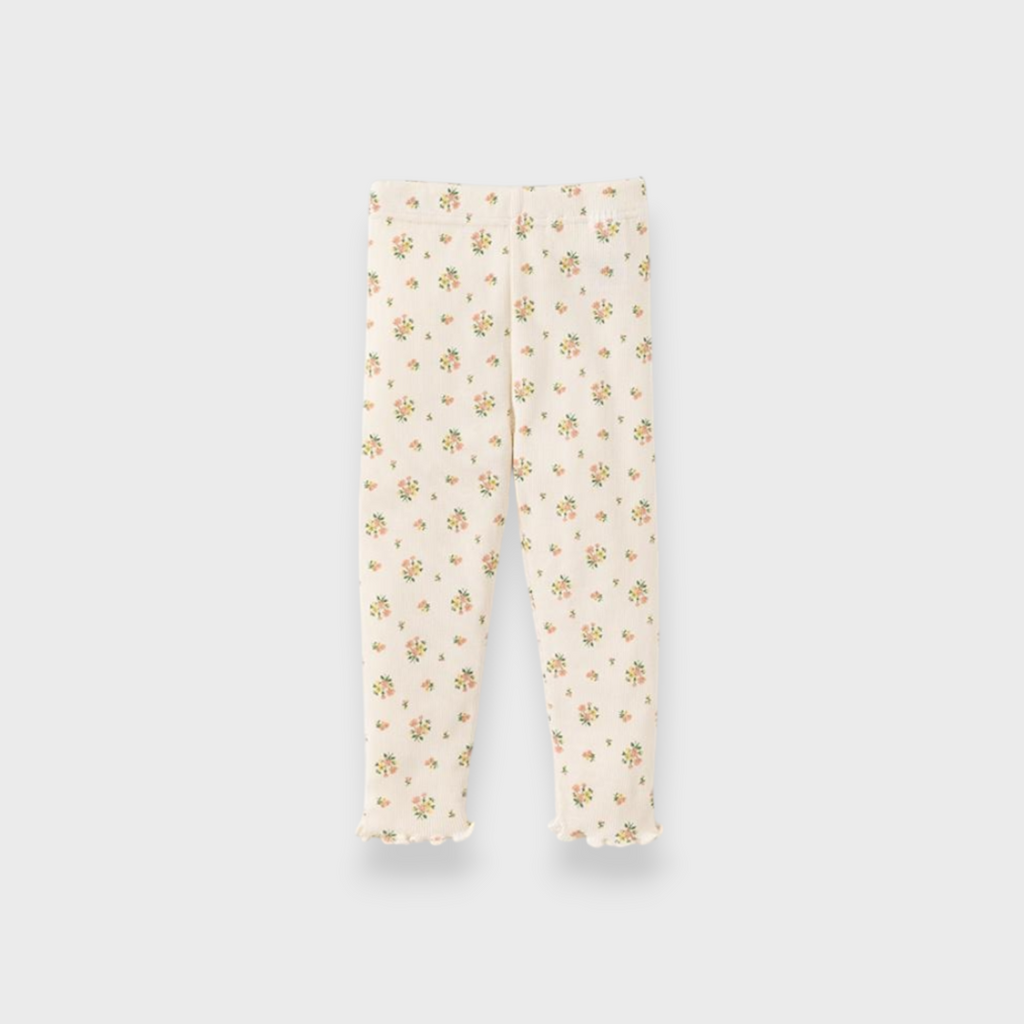 KIDS ALL-OVER PATTERN RIB-KNIT FLORAL BABY LEGGINGS MEDIUM WHITE (90CM)